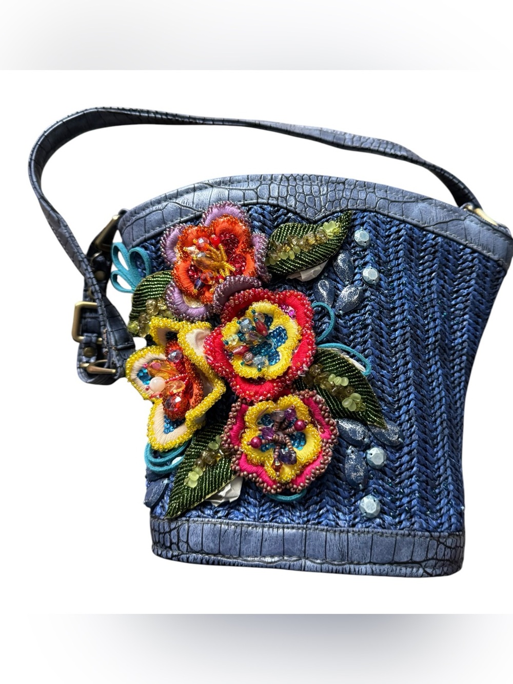 Vintage Mary Frances Beaded Flower Crossbody Bag Blue Croc Trim